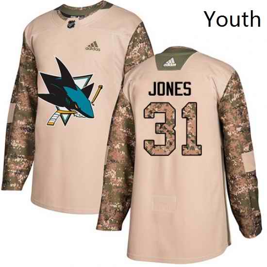 Youth Adidas San Jose Sharks 31 Martin Jones Authentic Camo Veterans Day Practice NHL Jersey